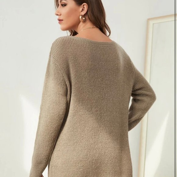 Drop Shoulder Split Hem Ribbed Knit Sweater - Picture 3 of 4